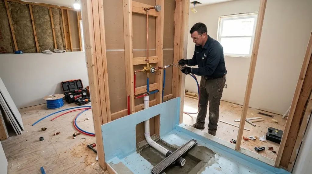 Custom tile shower rough-in plumbing in Columbia SC with installed water lines, drain system, and valve preparation for tile installation.