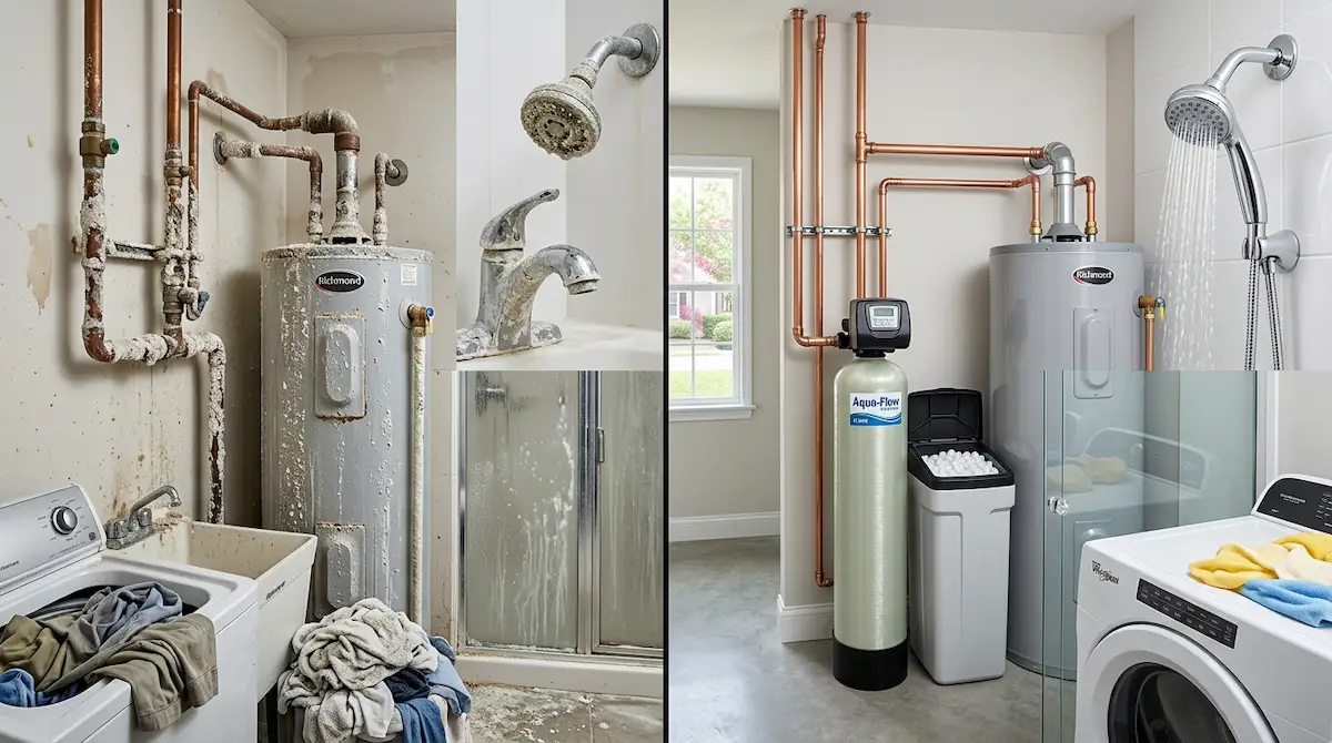Hard water mineral buildup in Columbia SC plumbing system with limescale deposits and a water softener solution protecting pipes and appliances.