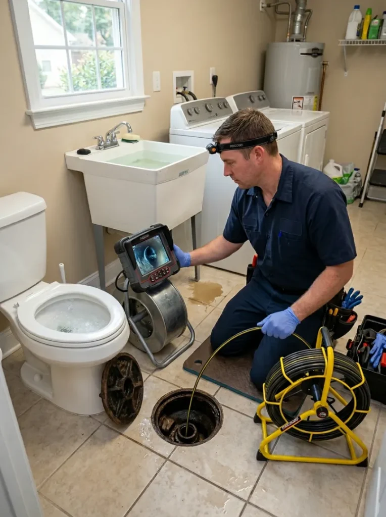 Professional plumber inspecting sewer line issues in a Columbia SC home with signs of slow drains, sewer backups, and plumbing problems