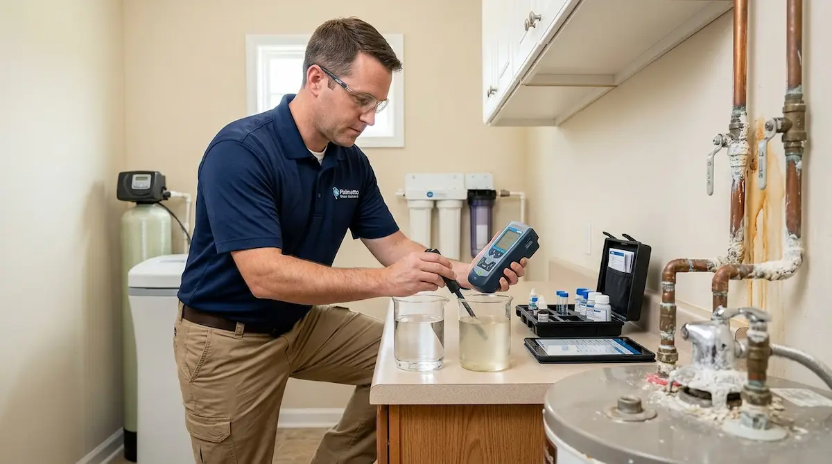 Water quality assessment in Columbia SC showing testing for hard water, mineral buildup, plumbing protection, and improved water treatment solutions.