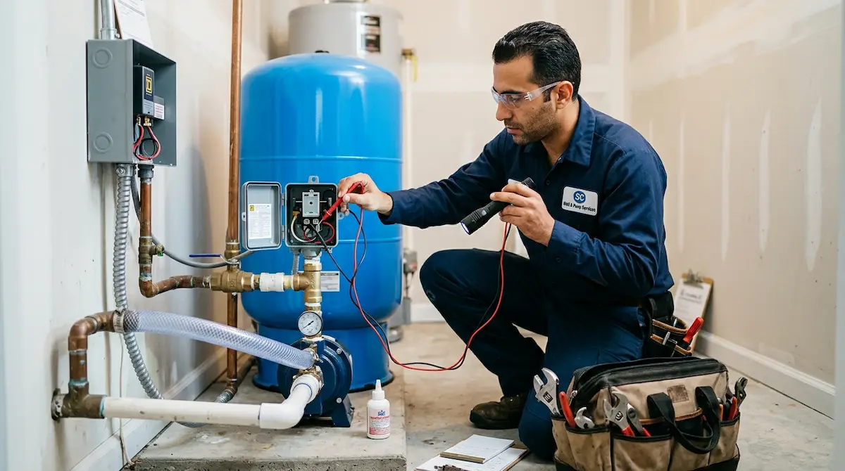 Technician performing well pump repair in Columbia SC by diagnosing pressure tank, pump components, and water supply system issues.